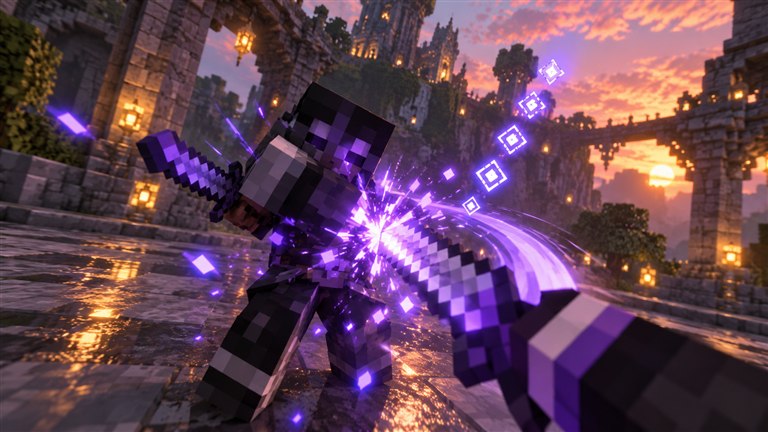 Stylized concept of consecutive combat hits represented by a violet combo chain.